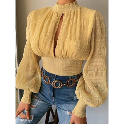 Half high neck chiffon shirt lace long sleeved fashionable top HF2402-02-02 Half high neck chiffon shirt lace long sleeved fashionable top HF2402-02-02