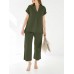 Leisure Solid Split Elastic Waist Short Sleeve Cotton Suit Leisure Solid Split Elastic Waist Short Sleeve Cotton Suit