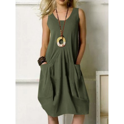 Leisure Solid Pocket Zip Sleeveless Cotton Midi Dress Leisure Solid Pocket Zip Sleeveless Cotton Midi Dress