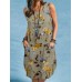 Plant Print Button Pocket Sleeveless Round Neck Print Midi Dress Plant Print Button Pocket Sleeveless Round Neck Print Midi Dress